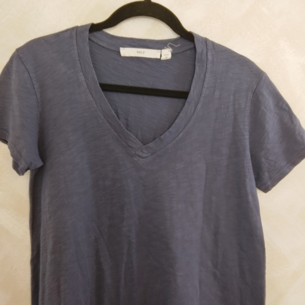 XS Wilt T-Shirt Dress Blue 100% Cotton TRAPEZE V-NECK SHIRT DRESS SHORT SLEEVES